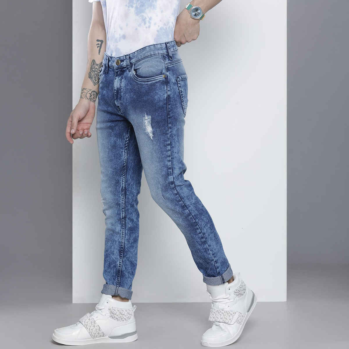 The Indian Garage Co Men's Slim Fit Solid Casual Jeans | Blue - 32