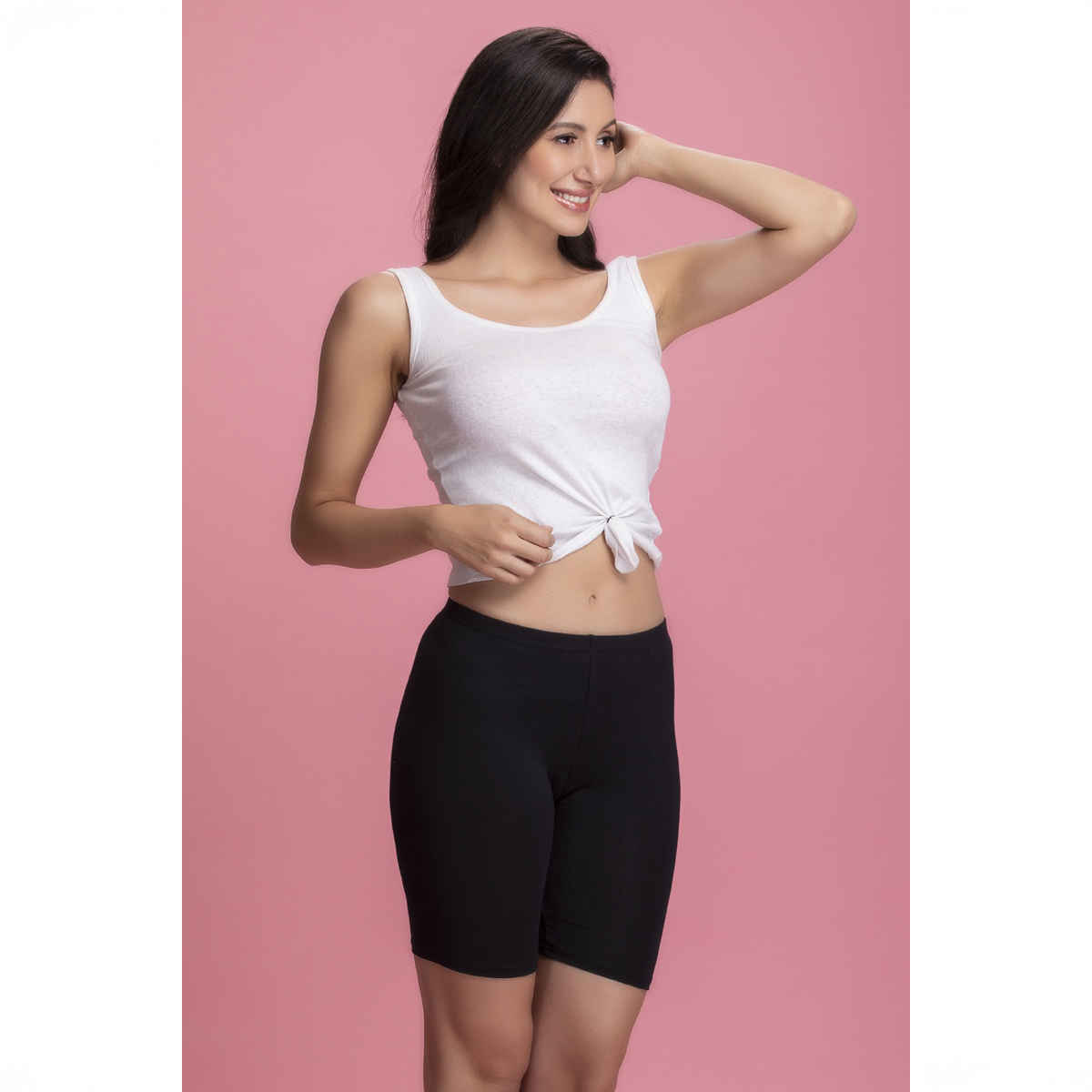 Clovia Cotton Mid Waist Cycling Shorts With Inner Elastic | Black | S