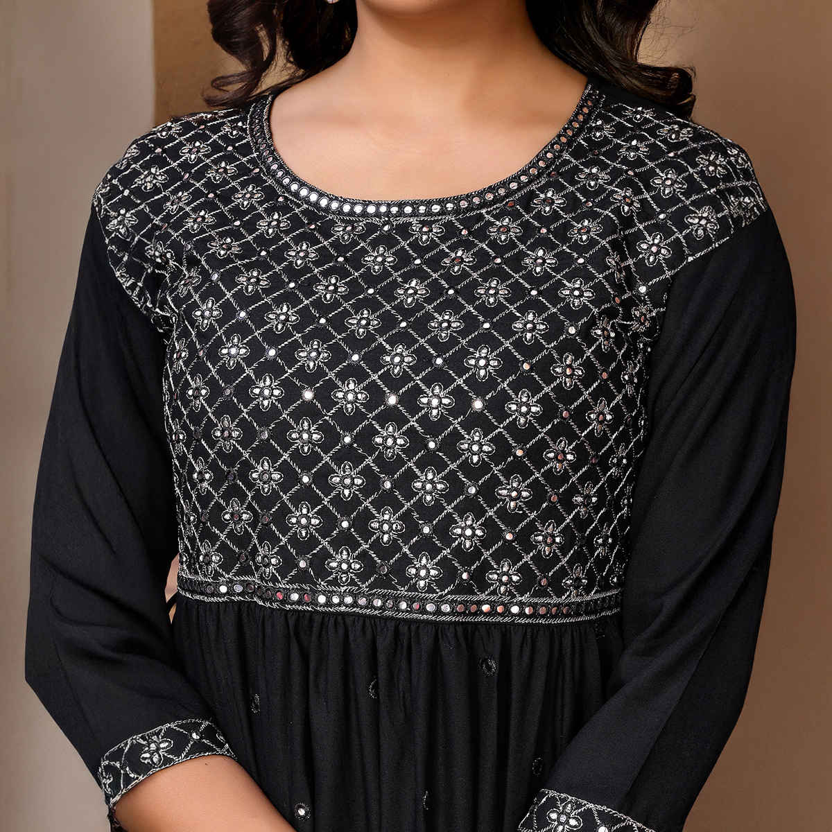Rangita Women's Black Rayon Embroidered Ankle Length Tiered Flared Kurta | M