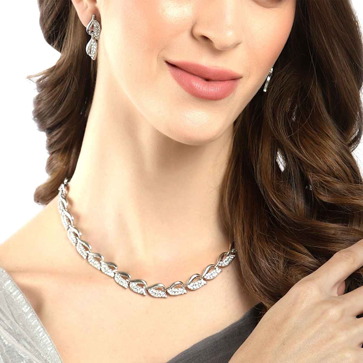 Zeneme Silver-Plated American Diamond Studded Jewellery Set For Women & Girls.