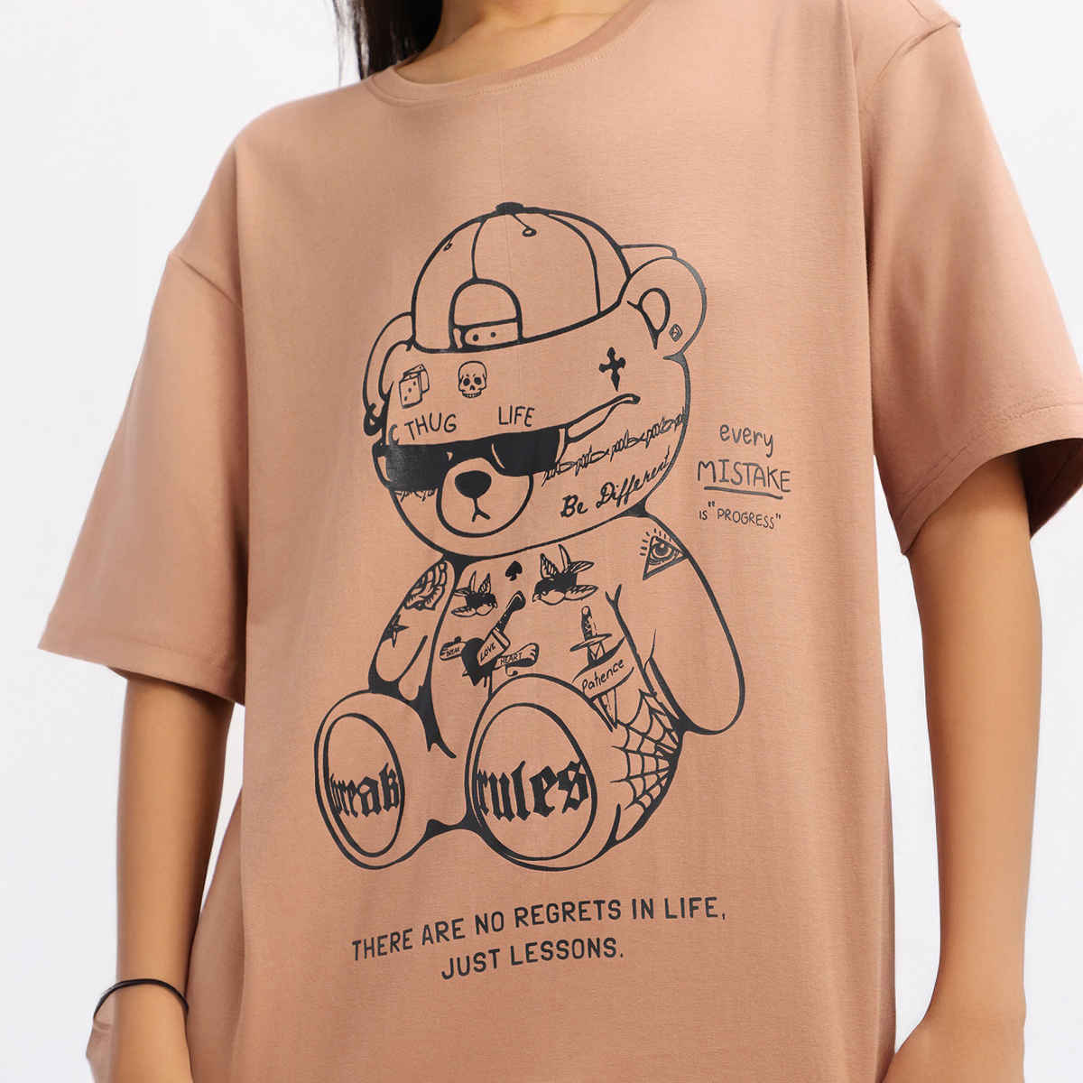 Juneberry Beige Print Graphic Oversized fit Tshirt for Women - M