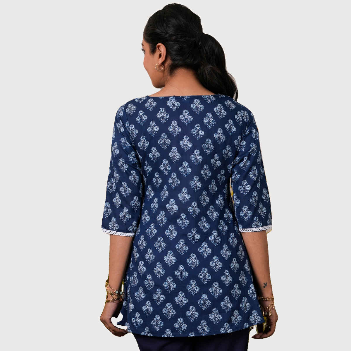 Libas Indigo Cotton Floral Printed Yoke Design a | Line Kurti | Blue | XL