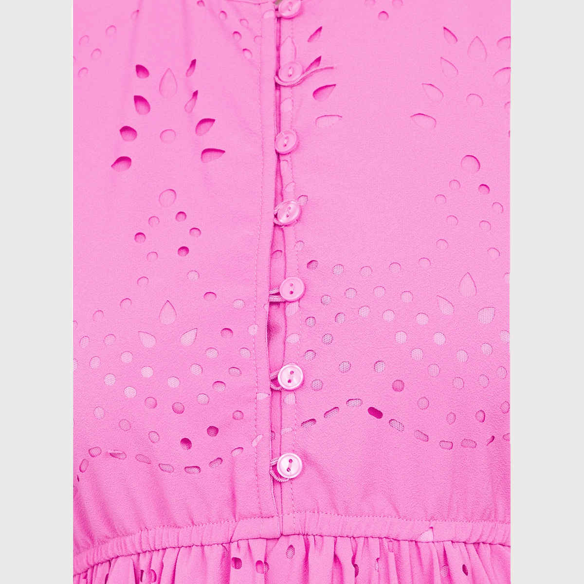 Styli Women's A-Line Midi Dress with Puff Sleeves and Self Design | Pink - M