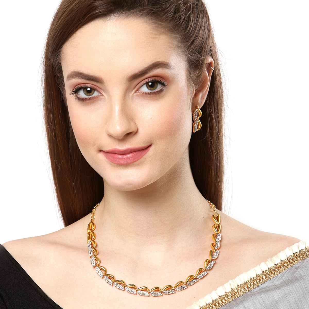 Zeneme Gold Plated Cubic Zirconia Necklace Set Jewellery With Earrings Jewellery For Women & Girls