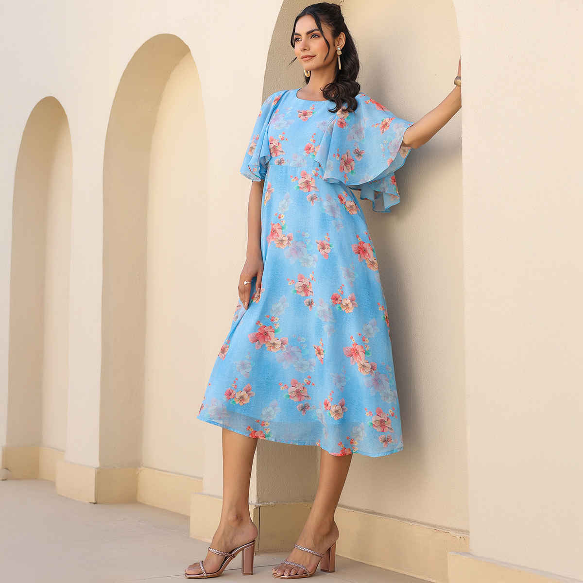 Janasya Women's Georgette Floral Printed A-line Dress | Blue - L