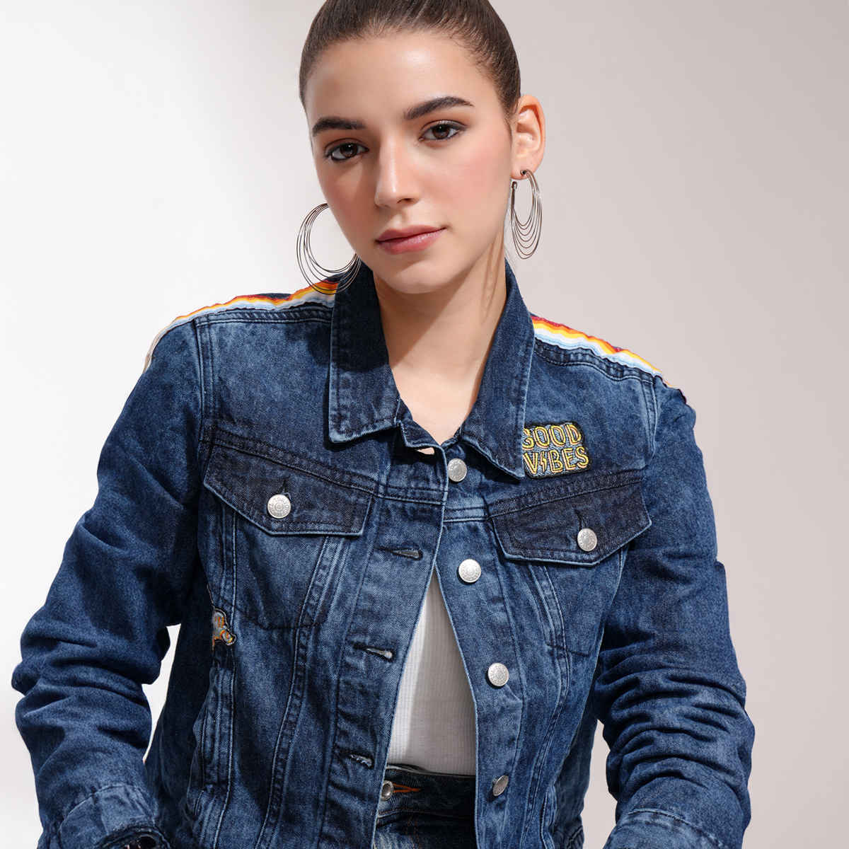 Tokyo Talkies Women's Solid Denim Jacket | Mid Blue - S
