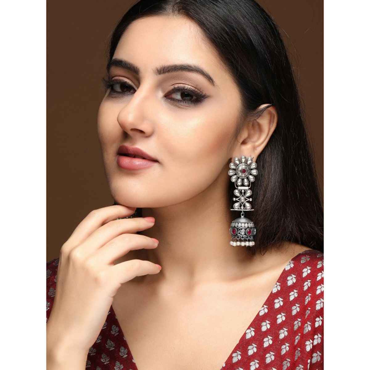 Rubans Oxidised Silver-Plated Jhumka Earrings with Ruby Red Stones and White Pearl Beads