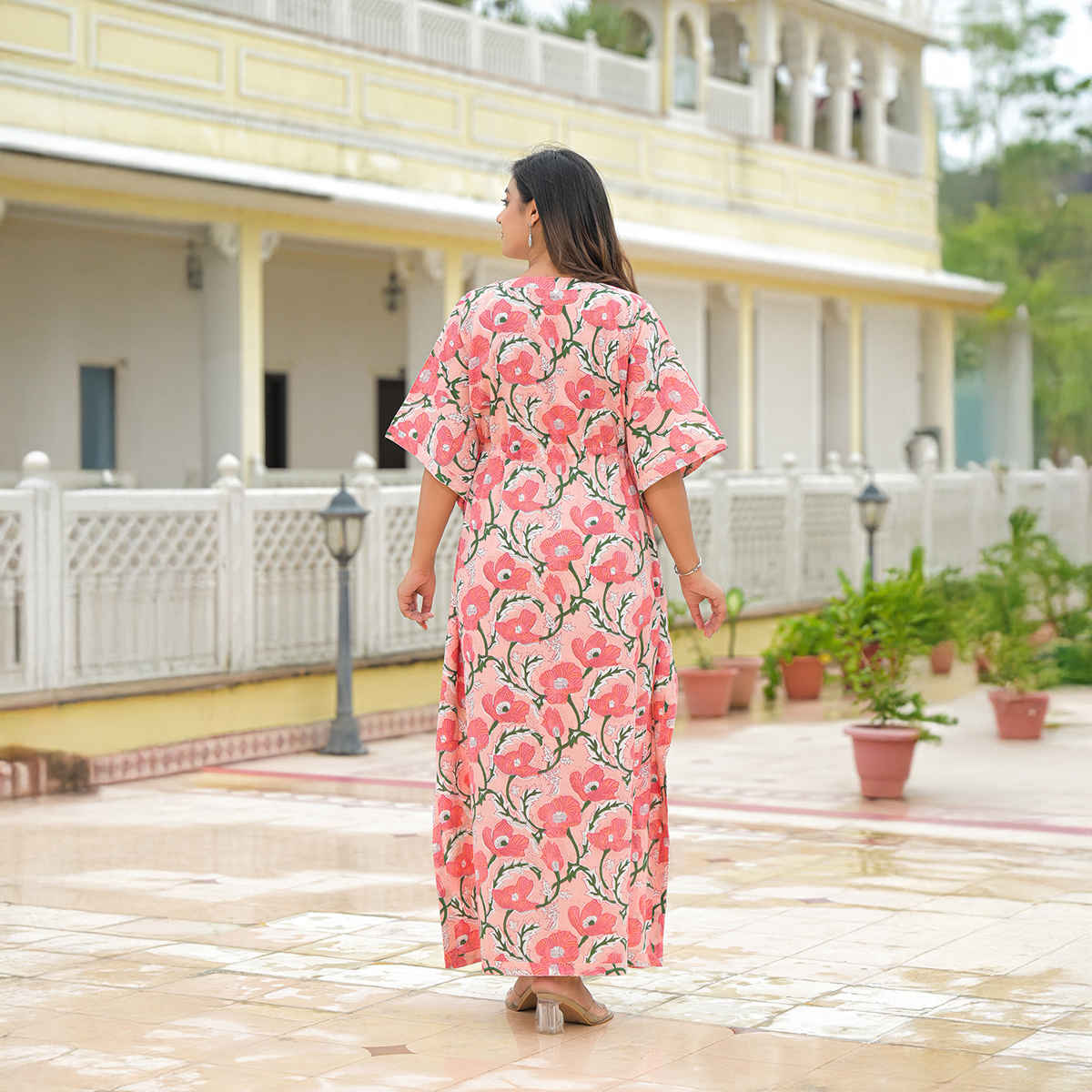 Divena Women's Floral Cotton Kaftan Dress | DK2227 | Pink - S