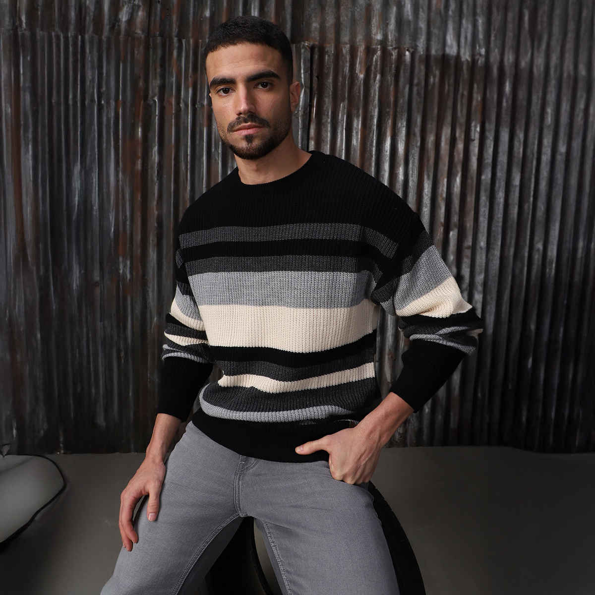High Star Men's Striped Round Neck Pullover | Multicolour - M
