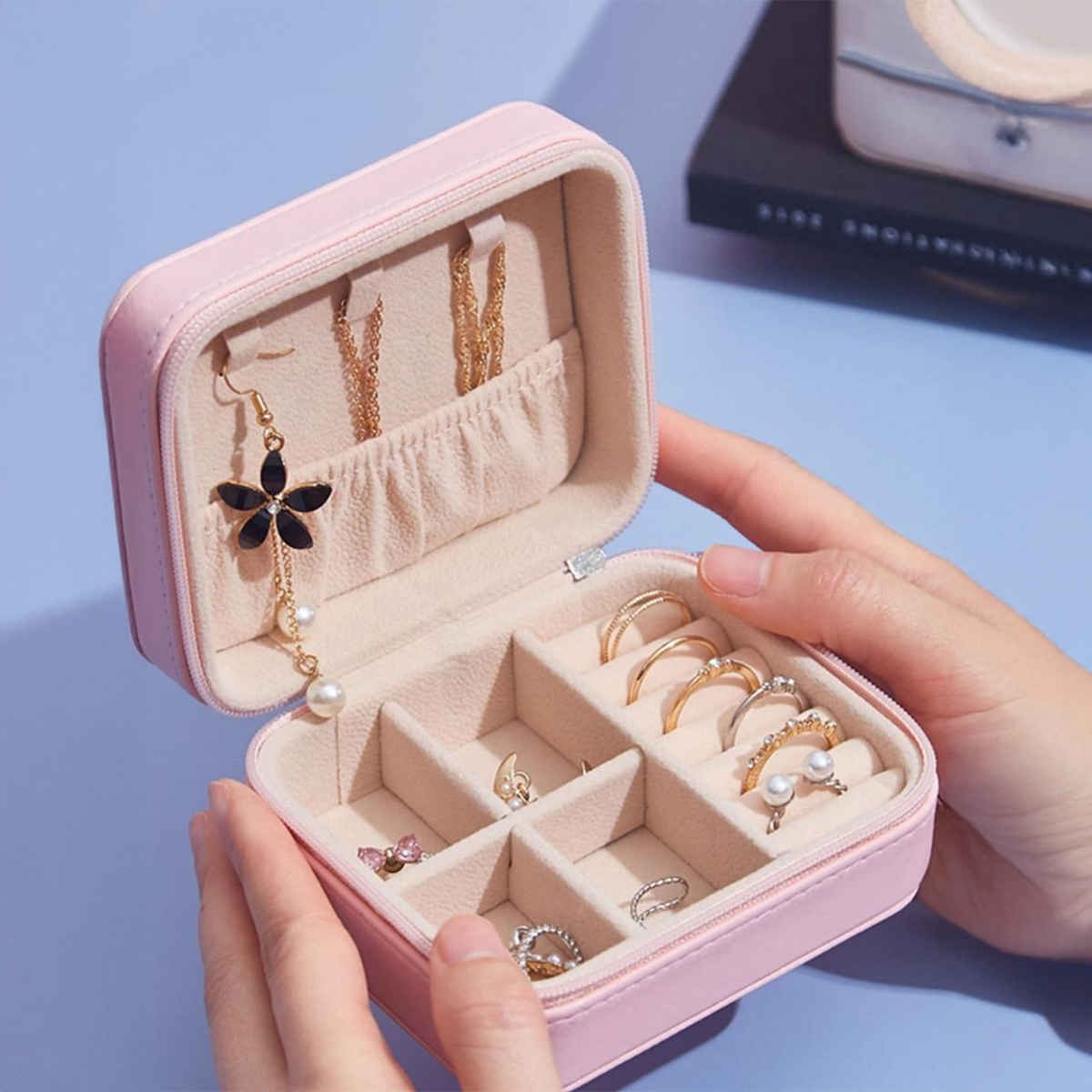 YouBella Jewellery Organiser PU Leather Zipper Portable Storage Box Case (Style 1) - Pink