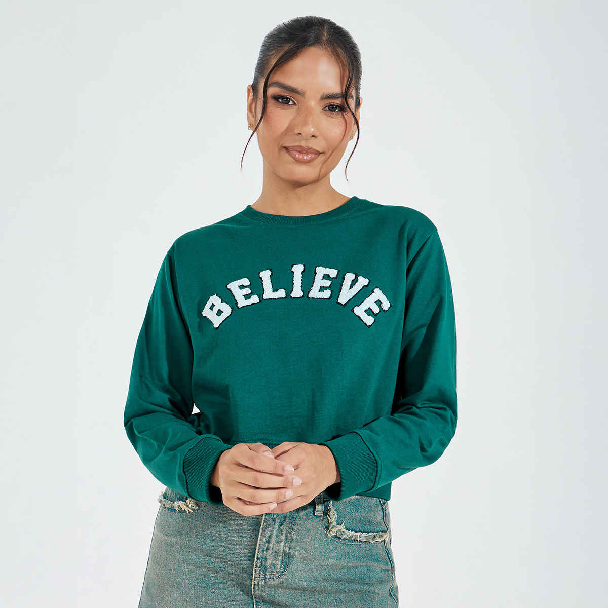 Styli Women's Regular Fit Short Length Sweatshirt Embroidery | Teal - XL
