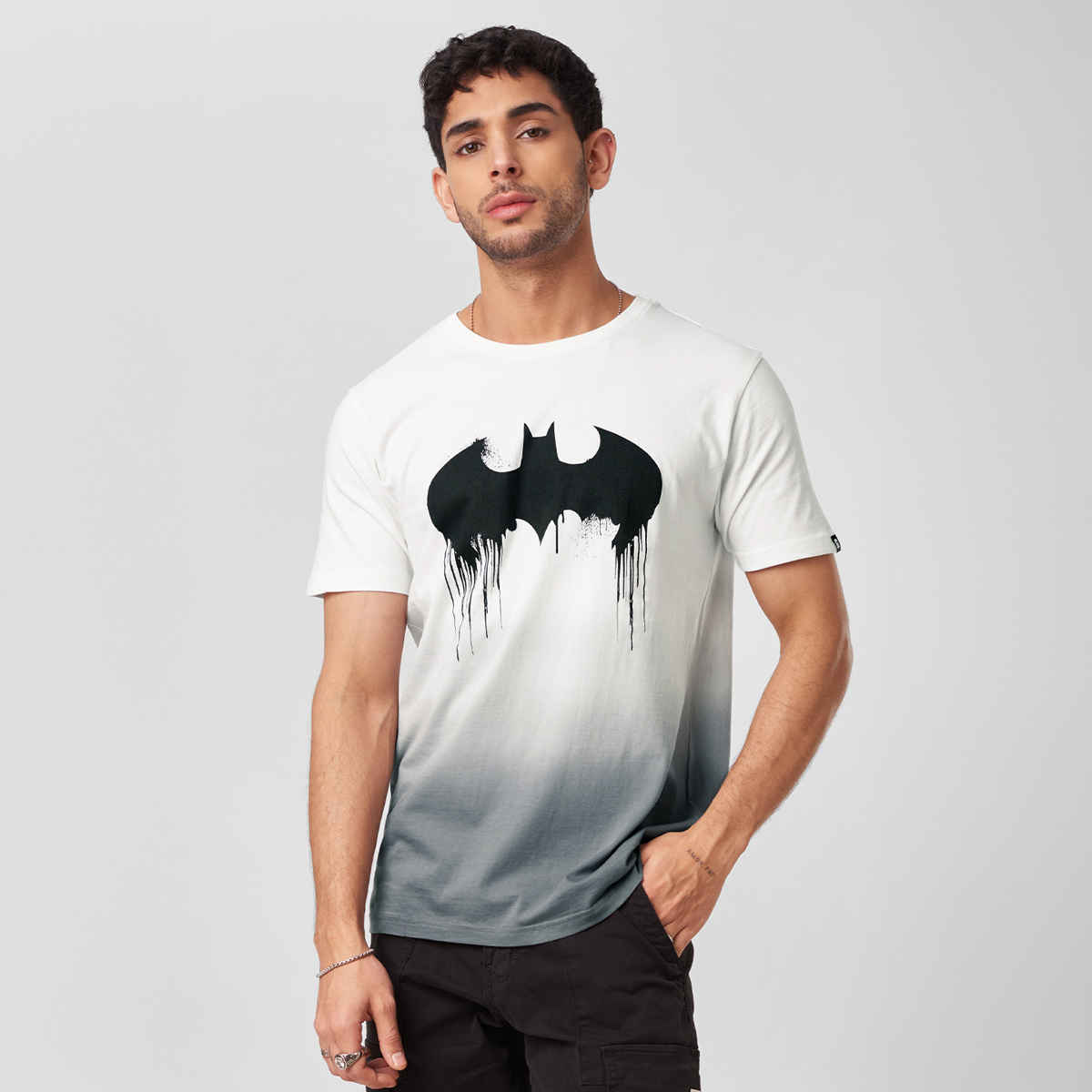 The Souled Store Men's Regular Batman- Logo (Drip) T-Shirts | White | M