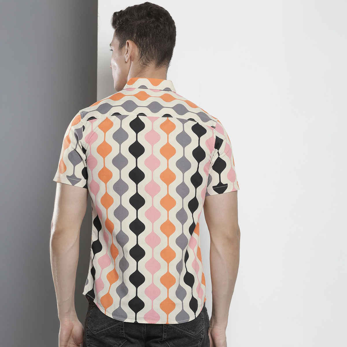 The Indian Garage Co Men's Regular Fit Abstract Print Casual Half Sleeve Shirt | Cream - XL