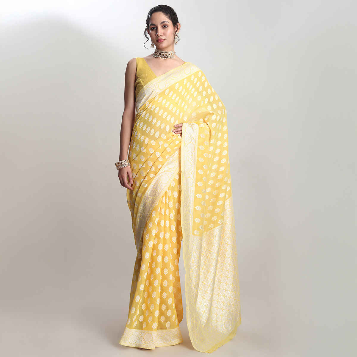Janasya Women's Silk Blend Floral Woven Design Jacquard Saree with Blouse Piece | SAR632 | Yellow