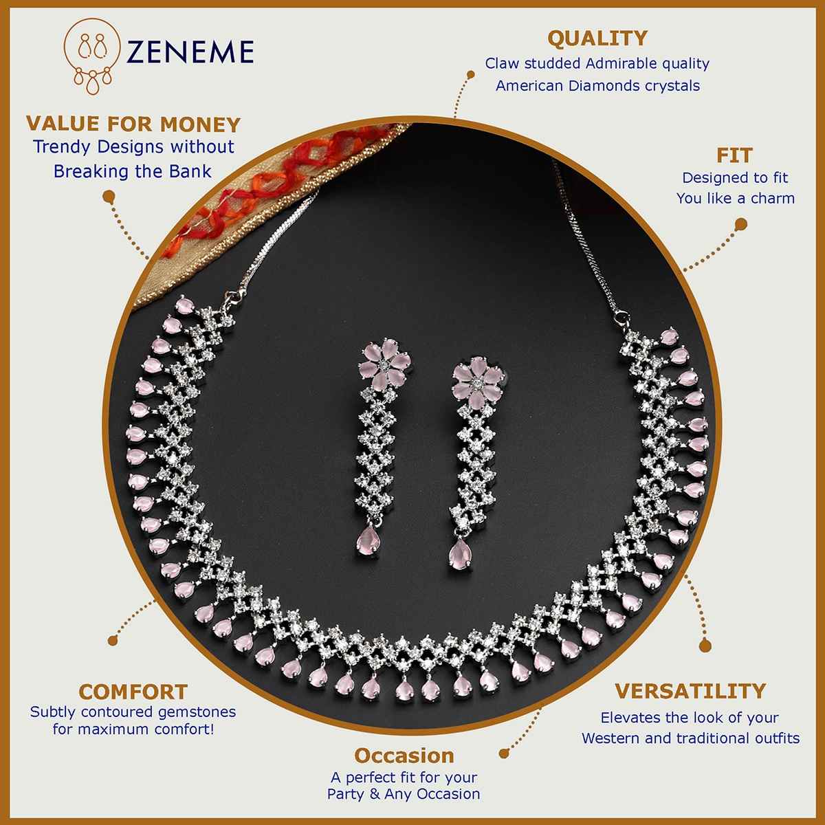 Zeneme Rhodium-Plated Pink AD-Studded Jewellery Set For Women & Girls