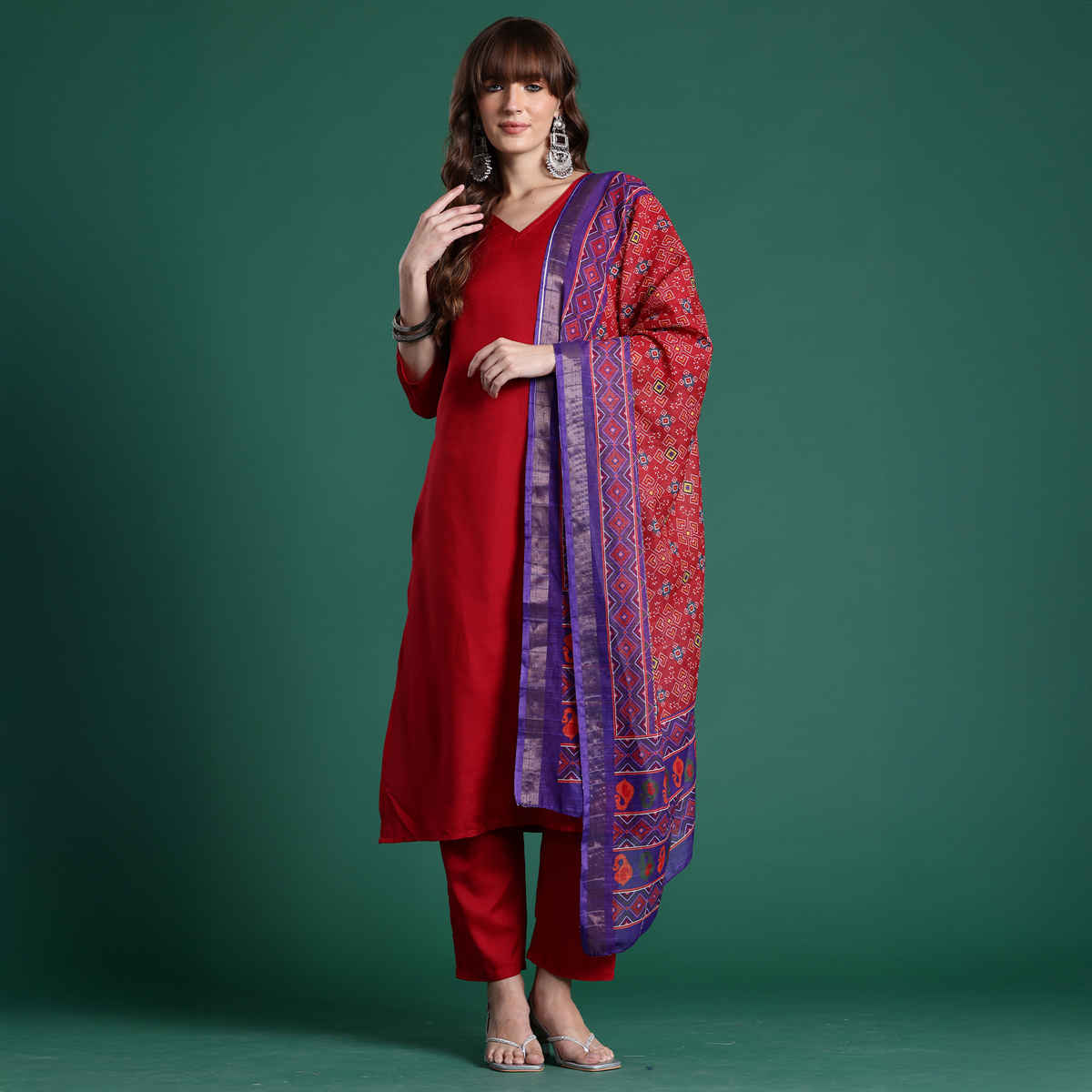 Indo Era Women's Solid Straight Kurta Pant with Dupatta Set | KH9RD10635 | Red - S