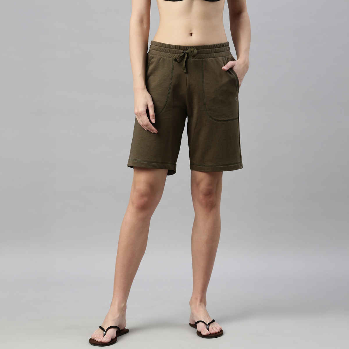 Enamor Essentials E080 Women s Knee Length Shorts | Adjustable Waistband & Pockets | Green | L