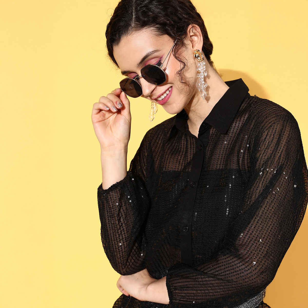 SASSAFRAS Women's Sequin Shirt | Black - M