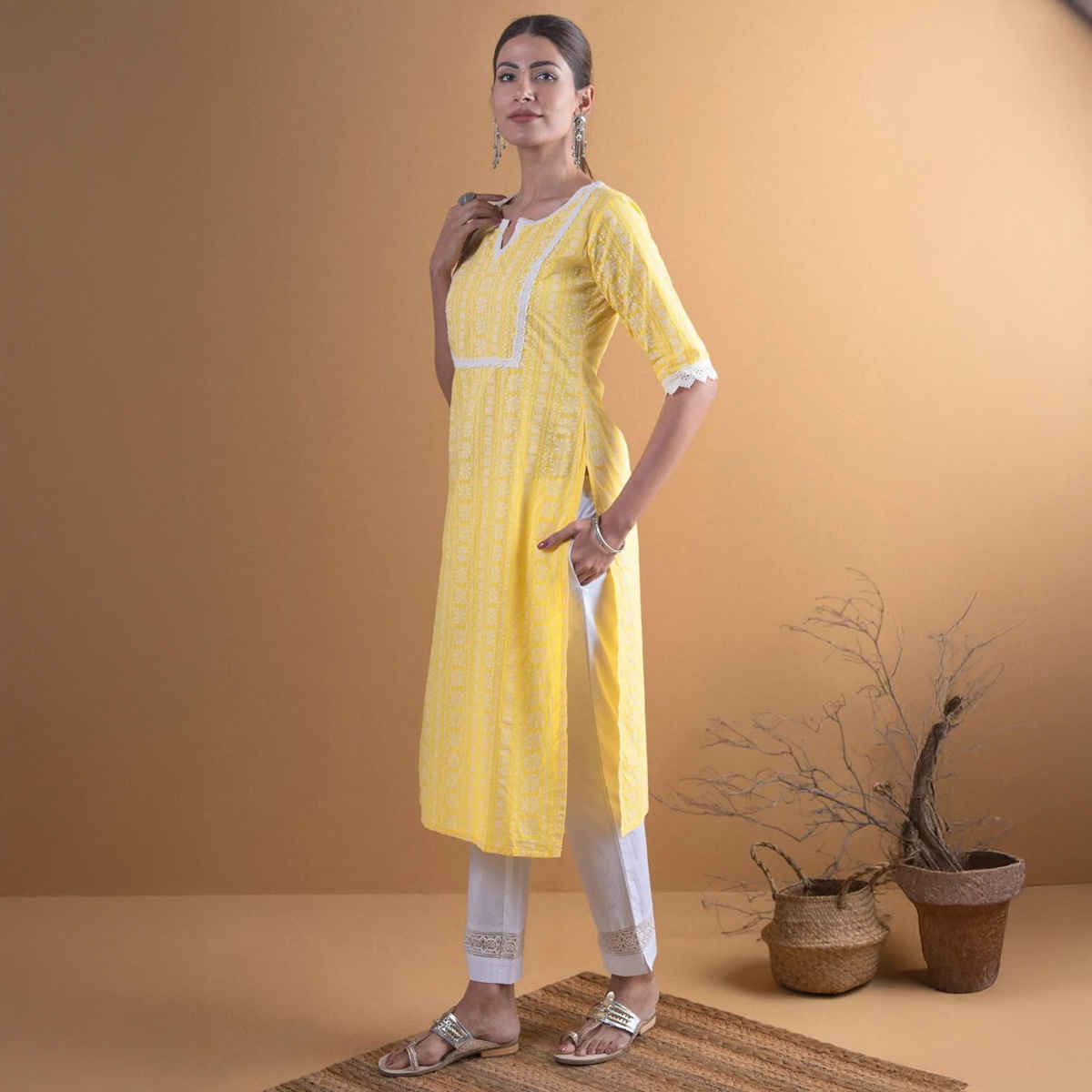 Libas Women Yellow Cotton Block Straight Kurta - 8479MjXL