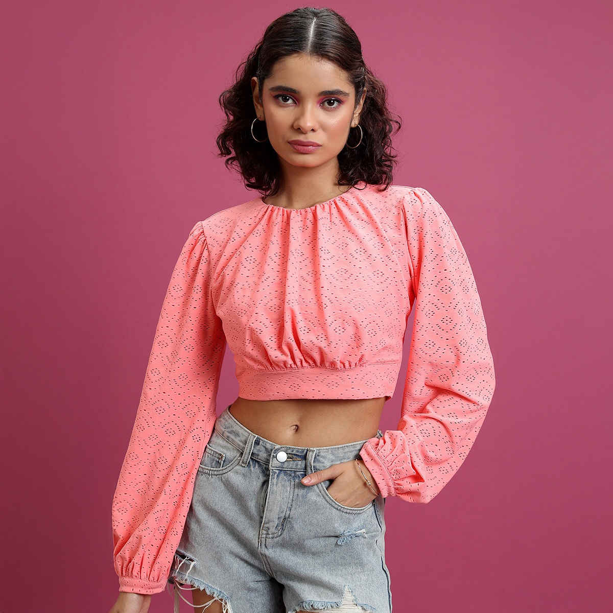 Ketch Women's Self Design Round Neck Bishop Sleeves Blouson Crop Top | Pink - S