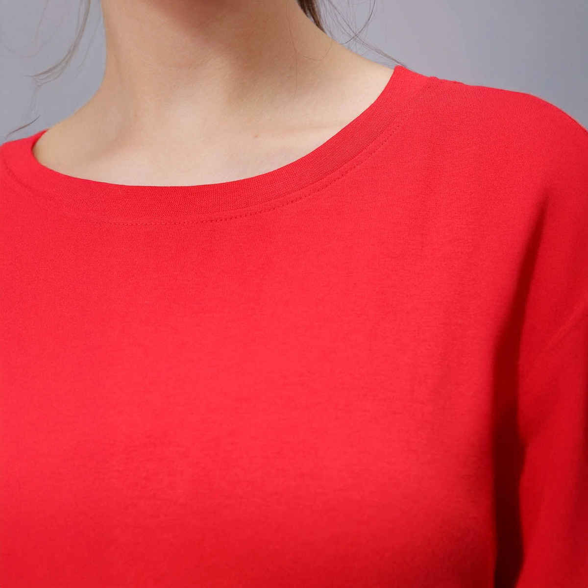 Freehand Women's Casual Regular Solid Crew Neck T-shirt | 0424-Zfhcntee3-02 | Crimson Red - S