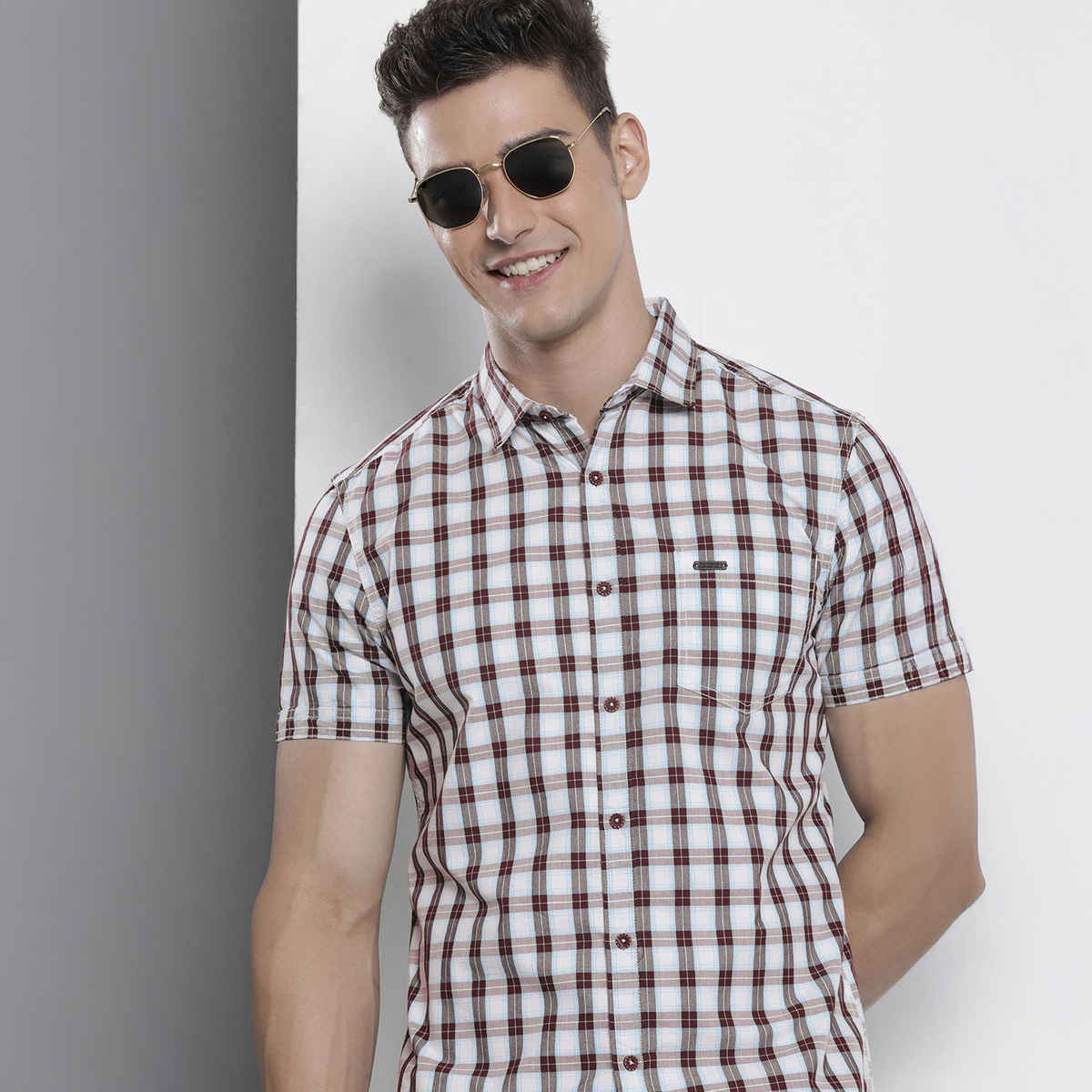 The Indian Garage Co Men's Slim Fit Checkered Casual Half Sleeve Shirt | Brown - L