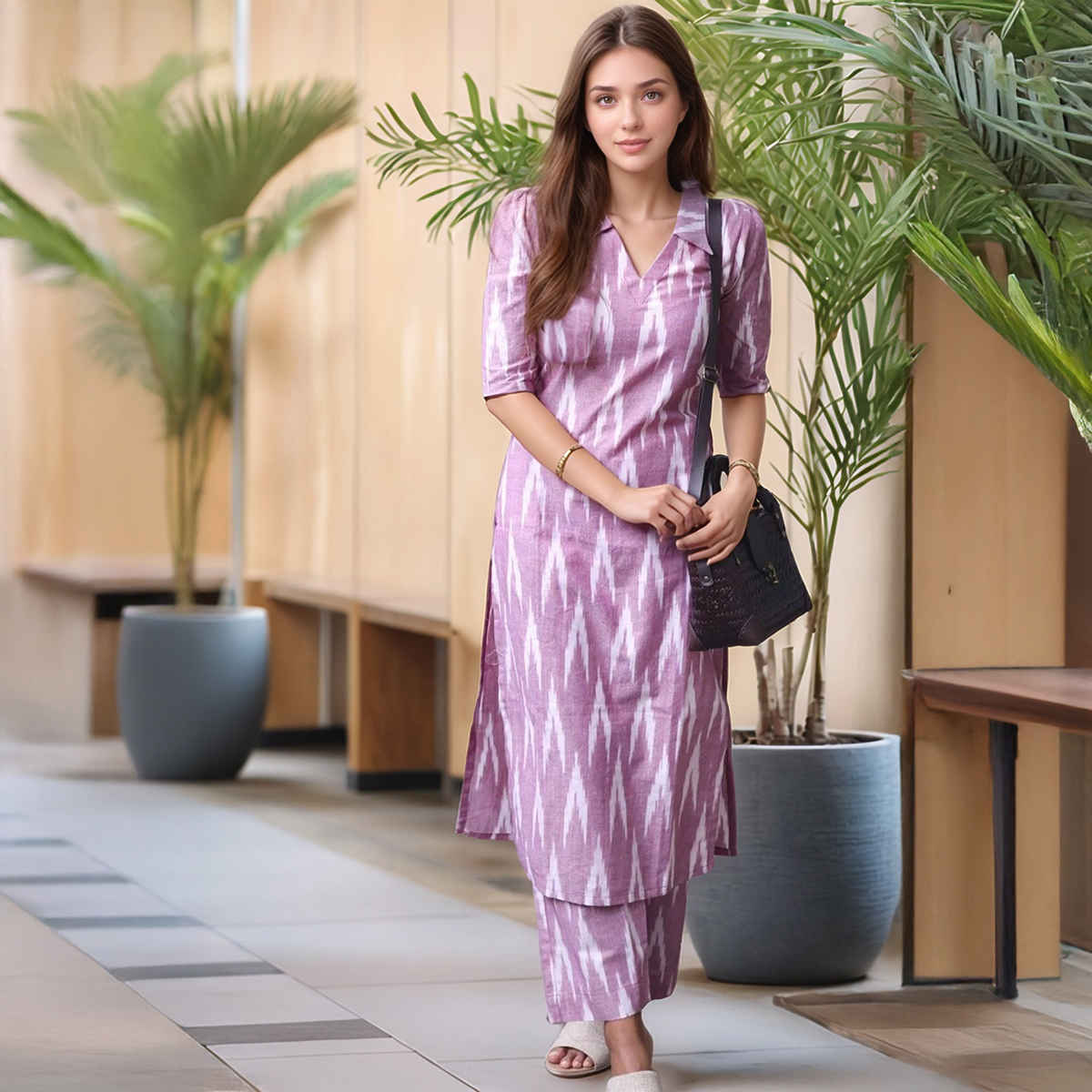 GoSriKi Women's Rayon Blend Straight Printed Kurta with Pant | DEMETER | Onion - S