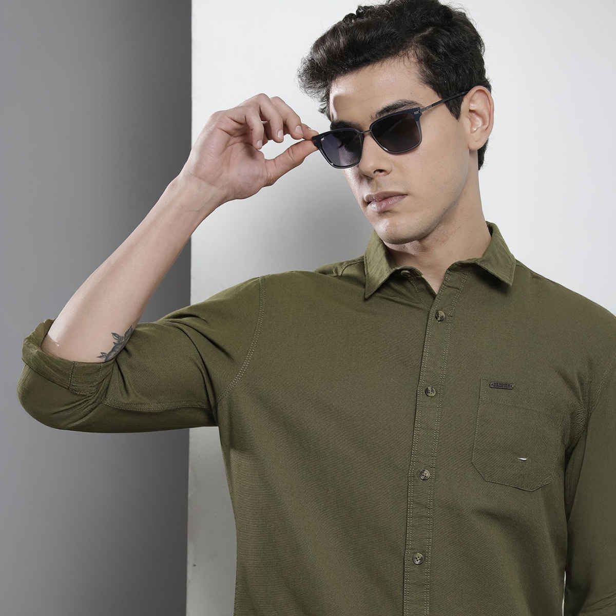 The Indian Garage Co Men's Regular Fit Solid Casual Shirt | Olive Green - XL