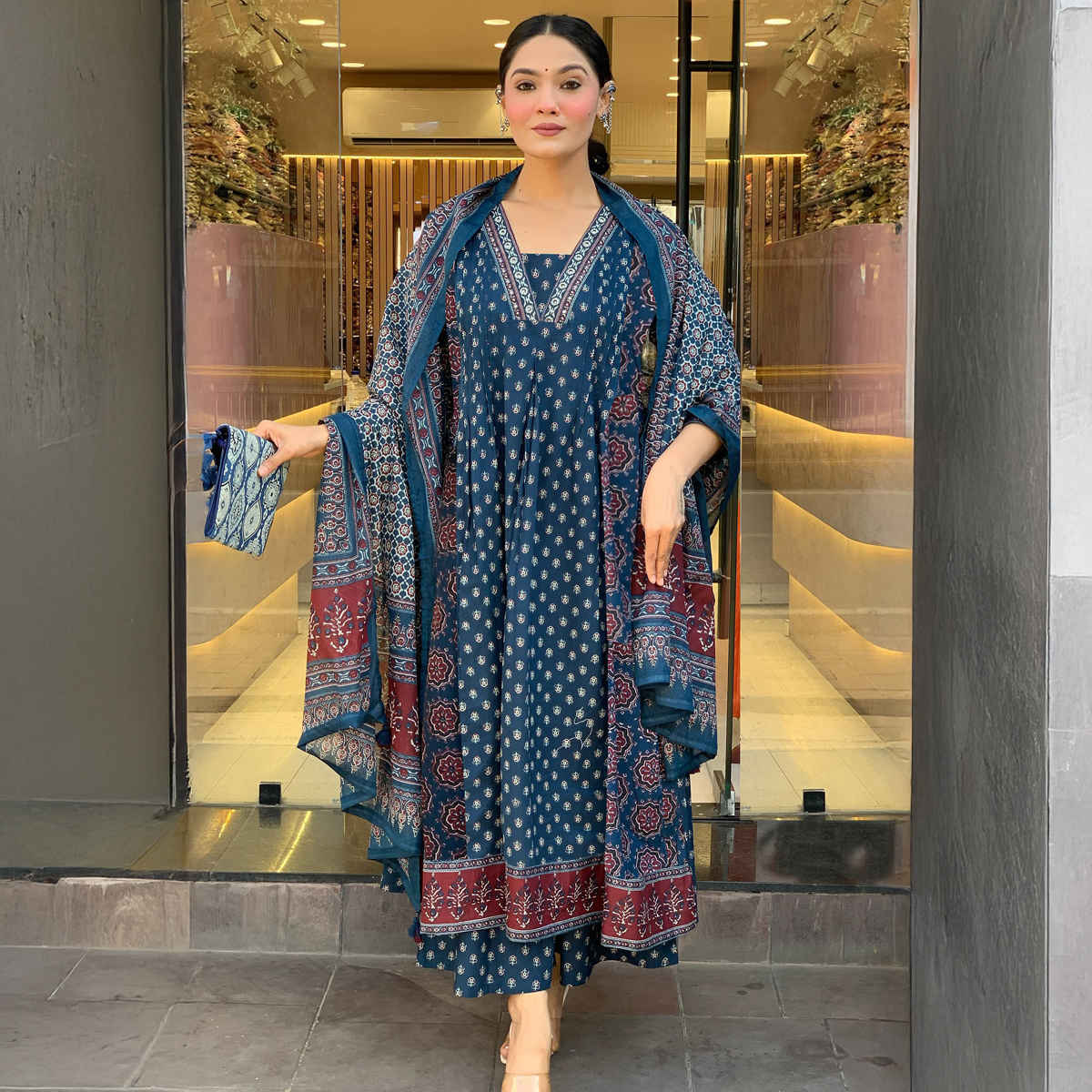 GoSriKi Women's Viscose Rayon Anarkali Printed Kurta with Pant & Dupatta | NAKULA | Blue - M