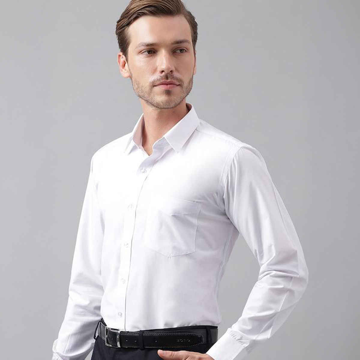 English Navy Men's Polycotton Solid Slim Fit Spread Collar Formal Shirt | White - M