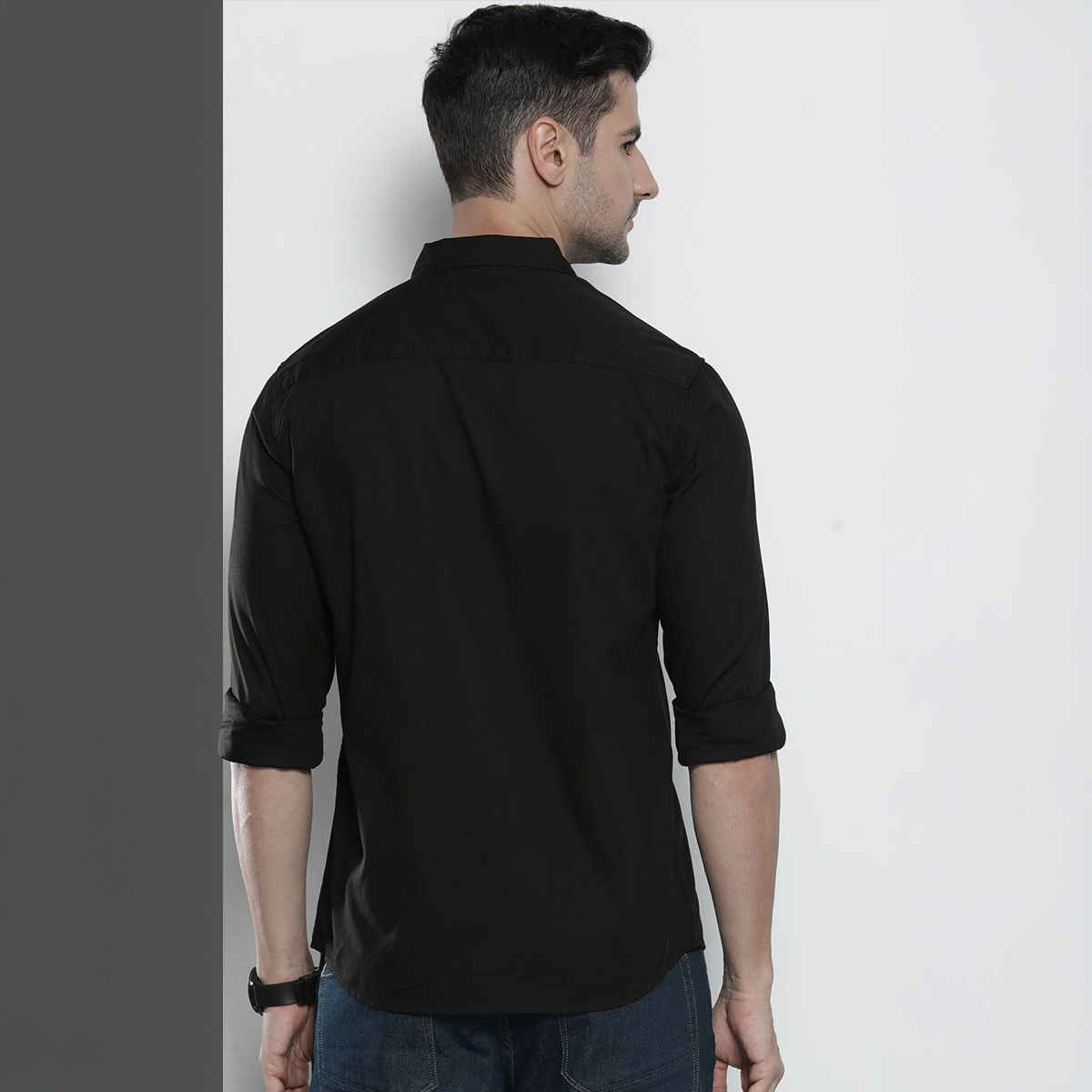 The Indian Garage Co Men's Slim Fit Solid Casual Shirt | Black - M