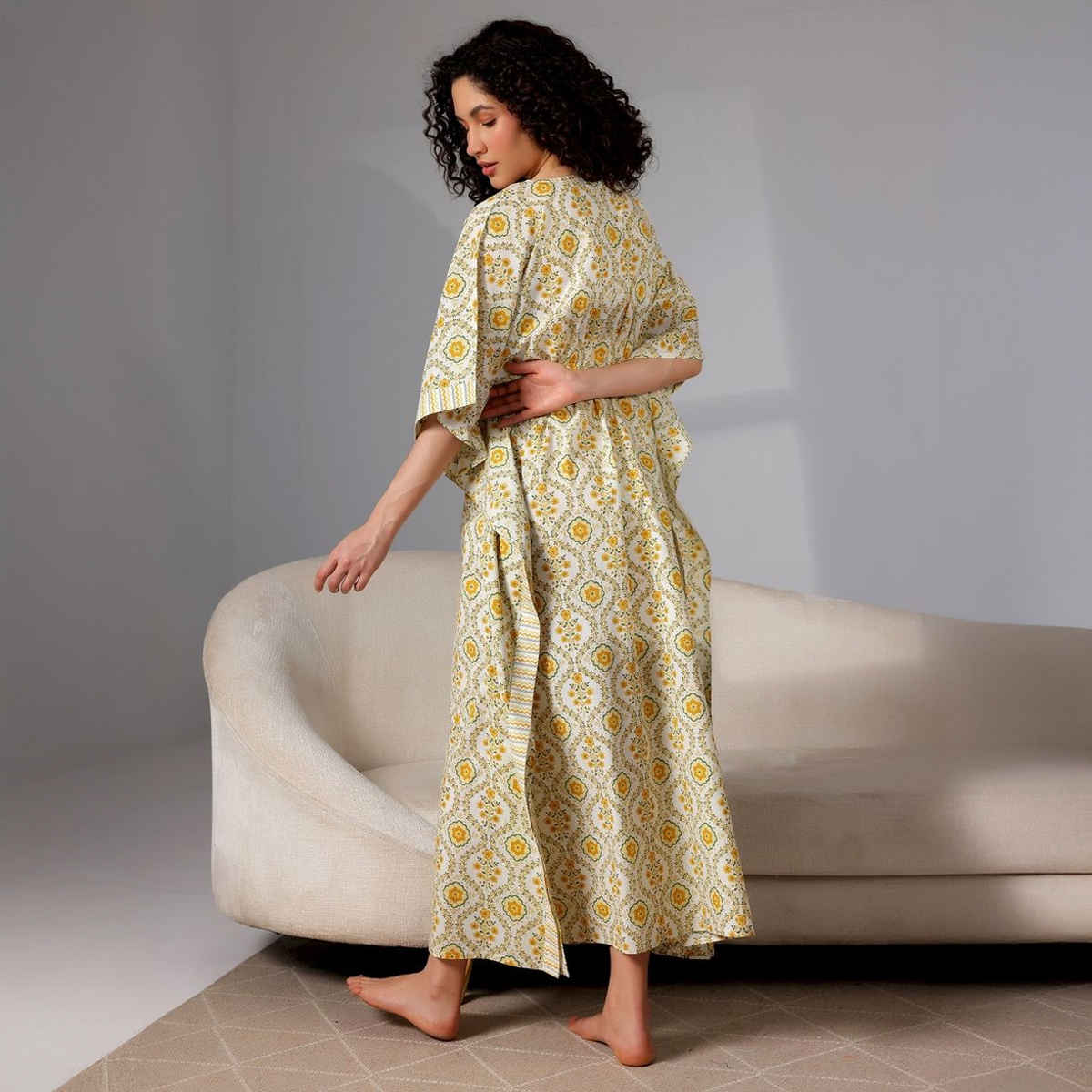 Libas Women's Floral Printed Kaftan With Drawstring and Kimono Sleeves | Yellow White | Onesize