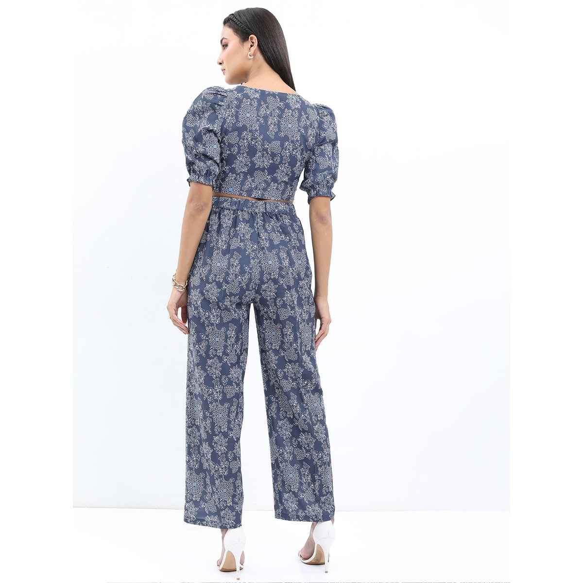 Ketch Women Floral Printed Crop Kaftan Top and Trouser Co-ords | Blue | M