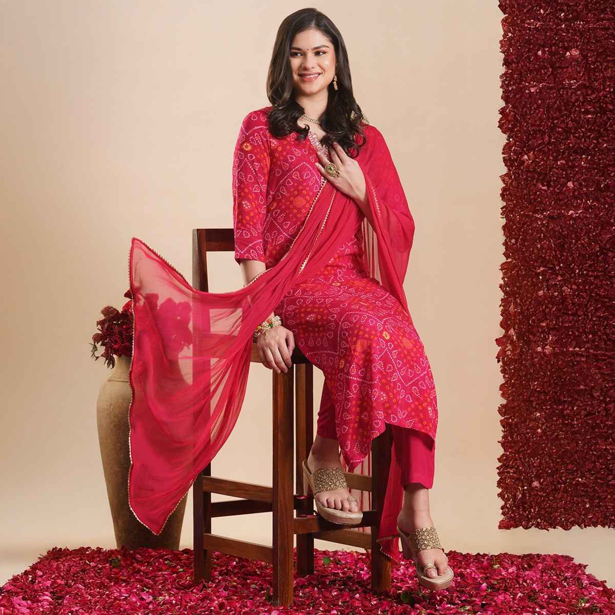 GoSriKi Women's Rayon Blend Straight Printed Kurta with Pant & Dupatta | TURAE | Rani - L