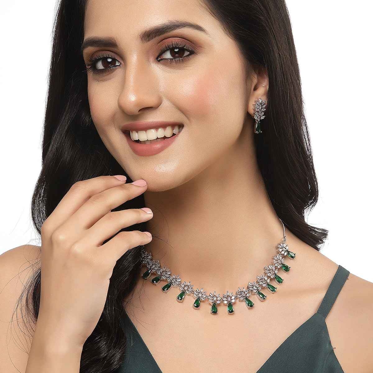 Zeneme Rhodium-Plated AD-Studded Jewellery Set For Women & Girls