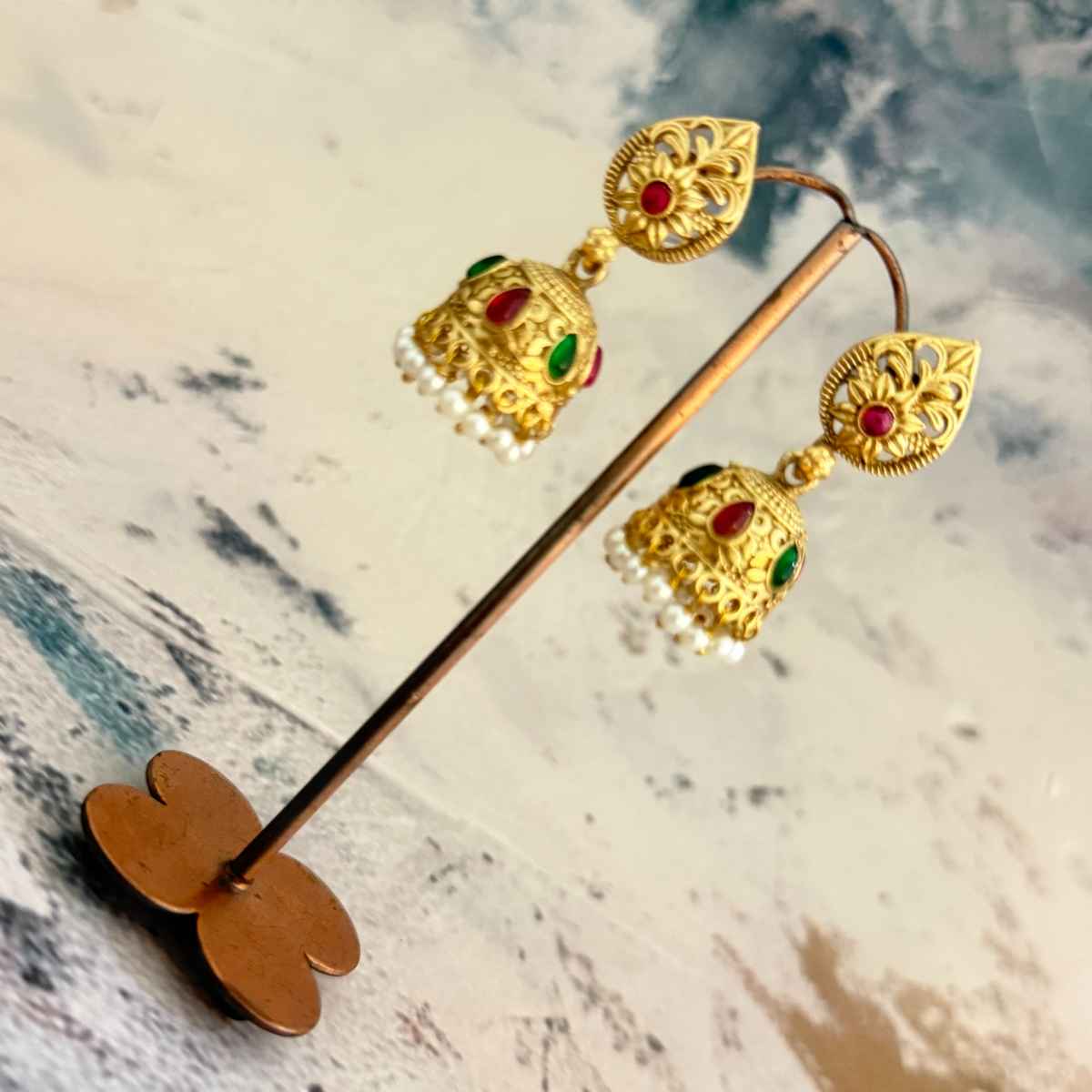 The Opal Factory Earrings Stone Studded Teardrop Motif Jhumki Earrings with Pearl Hangings | Gold
