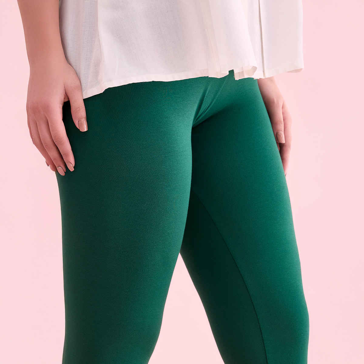 Go Colors Women's Solid Mid Rise Ankle Length Leggings | Bottle Green - M