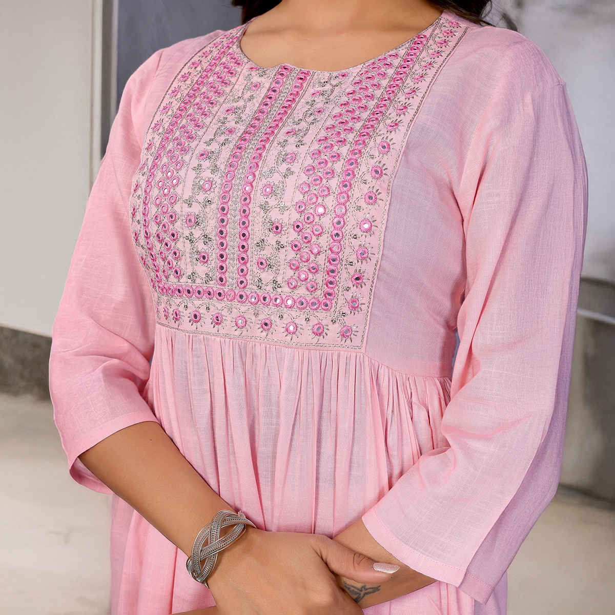 Rangita Women's Rayon Embroidered Flared Calf Length Kurta | Pink - XL