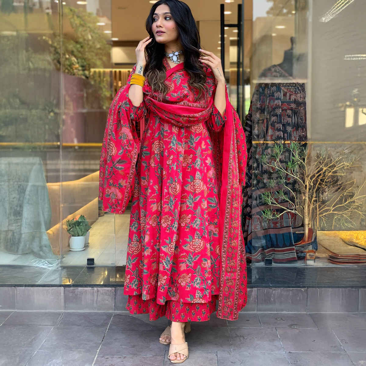 GoSriKi Women's Viscose Rayon Anarkali Printed Kurta with Pant & Dupatta | CIA | Pink - XL