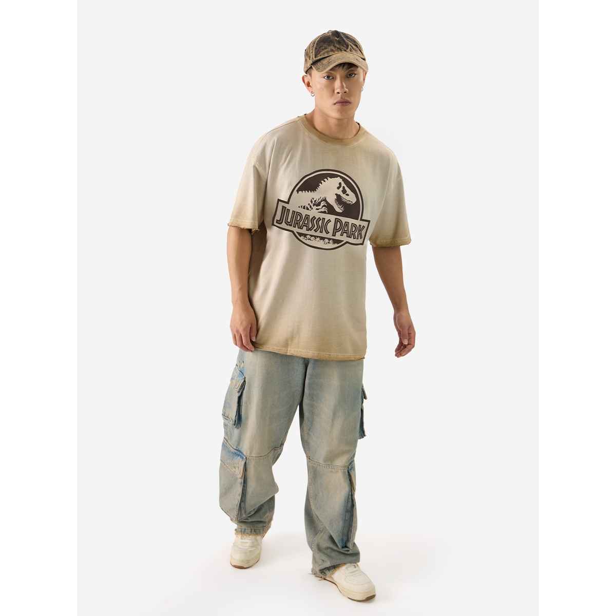 The Souled Store Men's Jurassic Park Logo Oversized T-shirt | Brown - L