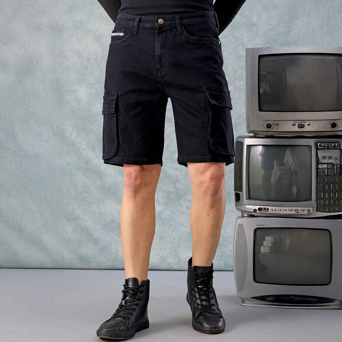 The Indian Garage Co Men's Regular Fit Solid Casual Shorts | Black - 30