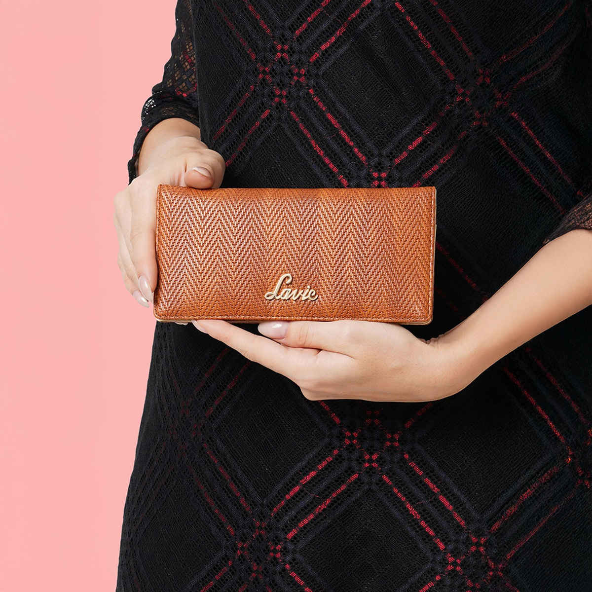 Lavie Herring Safain Women'S Bifold Clutches - Brown (1pc) & Accessorize London Women'S Preppy Sunglasses | Brown (1pc) & Sohi Peach Gold Plated Contemporary Drop Earrings (1pc) Combo