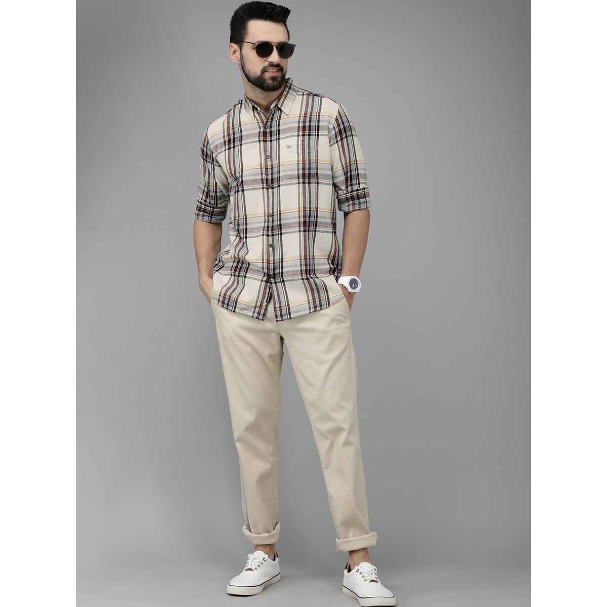 The Bear House Men Slim Fit Checked Flannel Cotton Casual Shirt - Fresia | White and Purple | XL