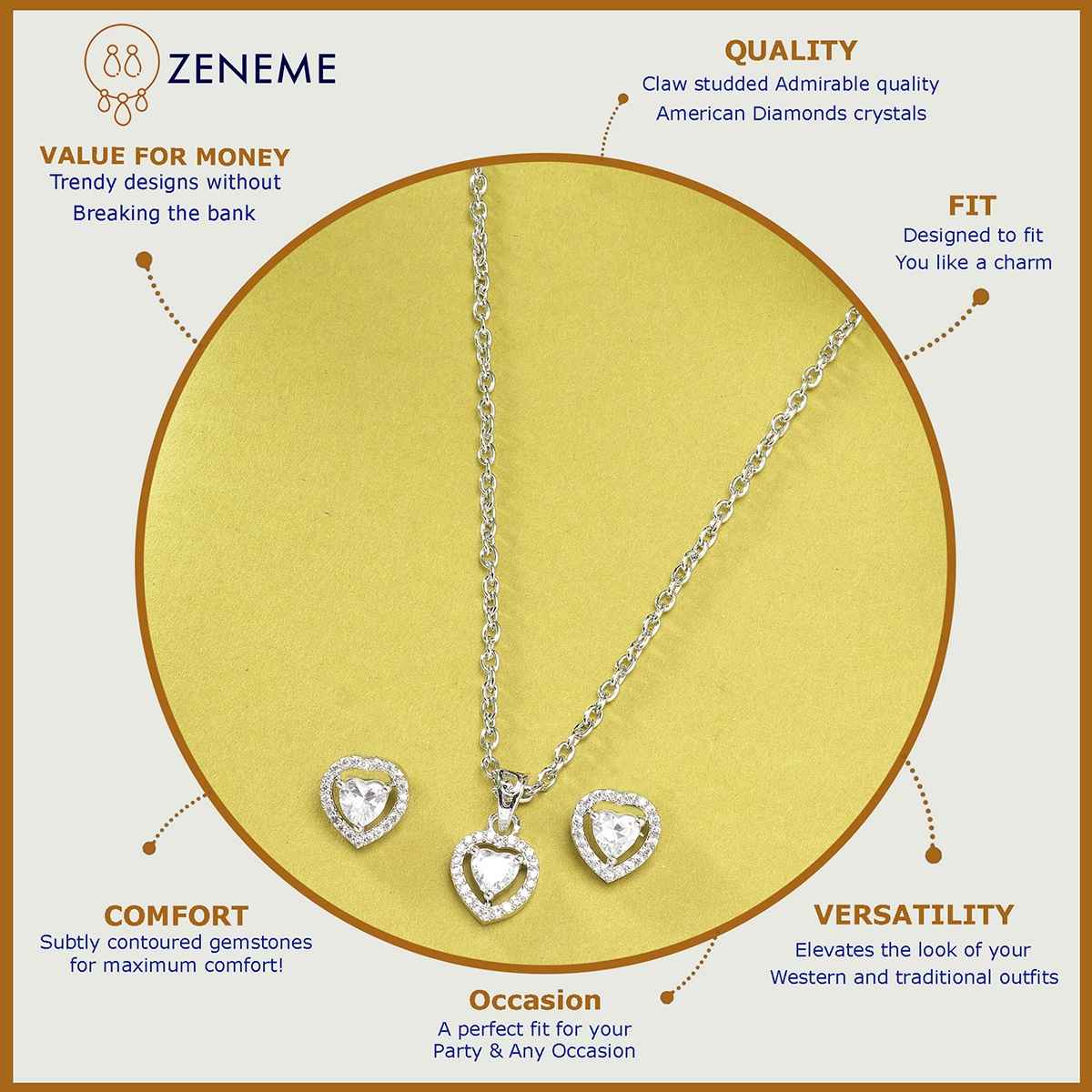 Zeneme Rhodium-Plated American Diamond Studded Necklace and Earrings For For Women & Girls