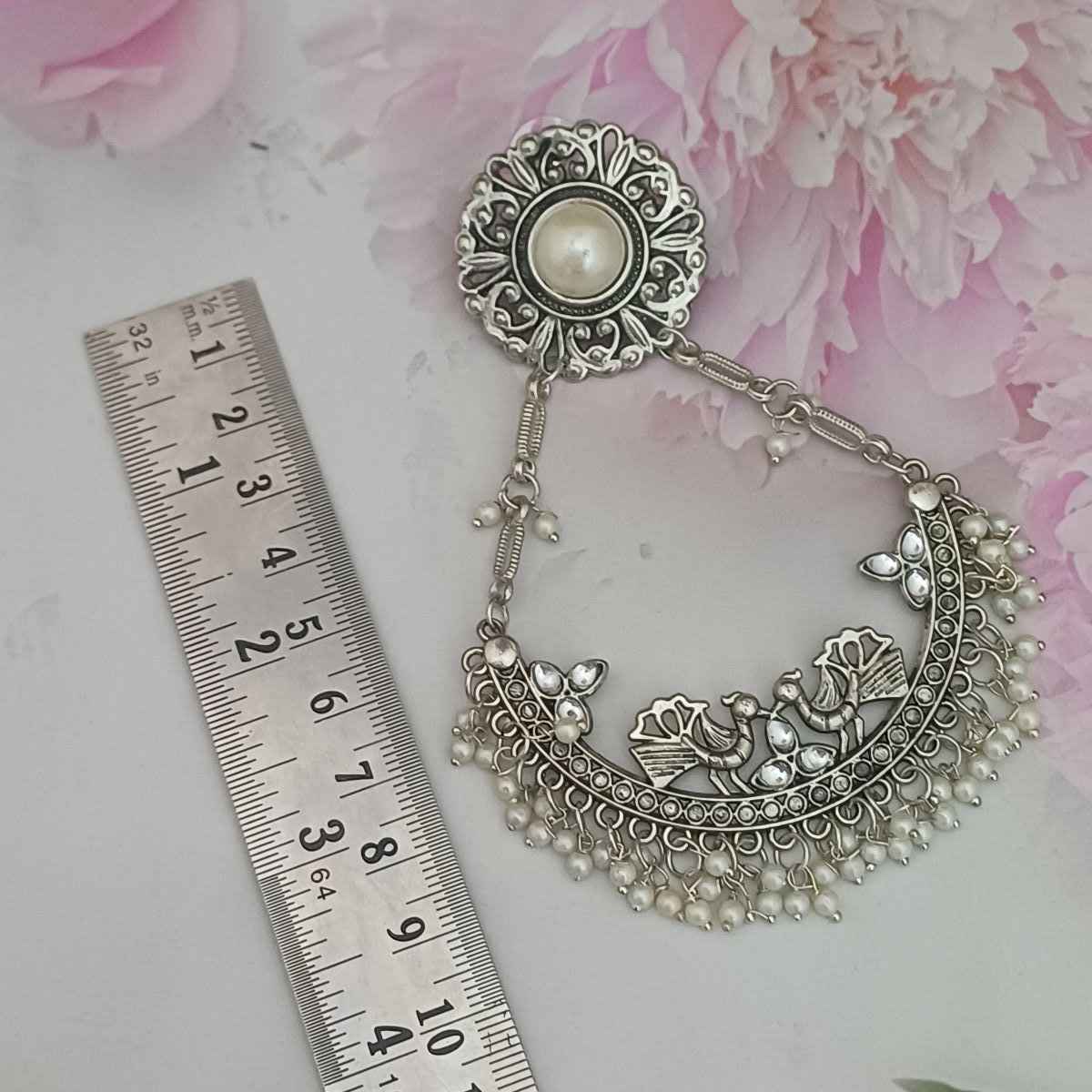 Oxidised Chandelier Earrings with Moti Work Long