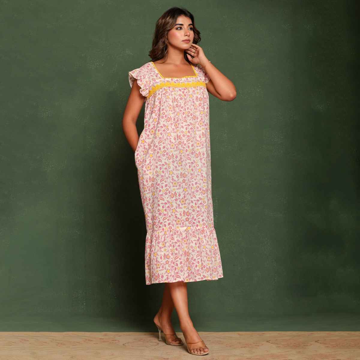 Nihsamah Women's Cotton Floral Printed Midi Frock Nighty | Midi Length | Off White - L