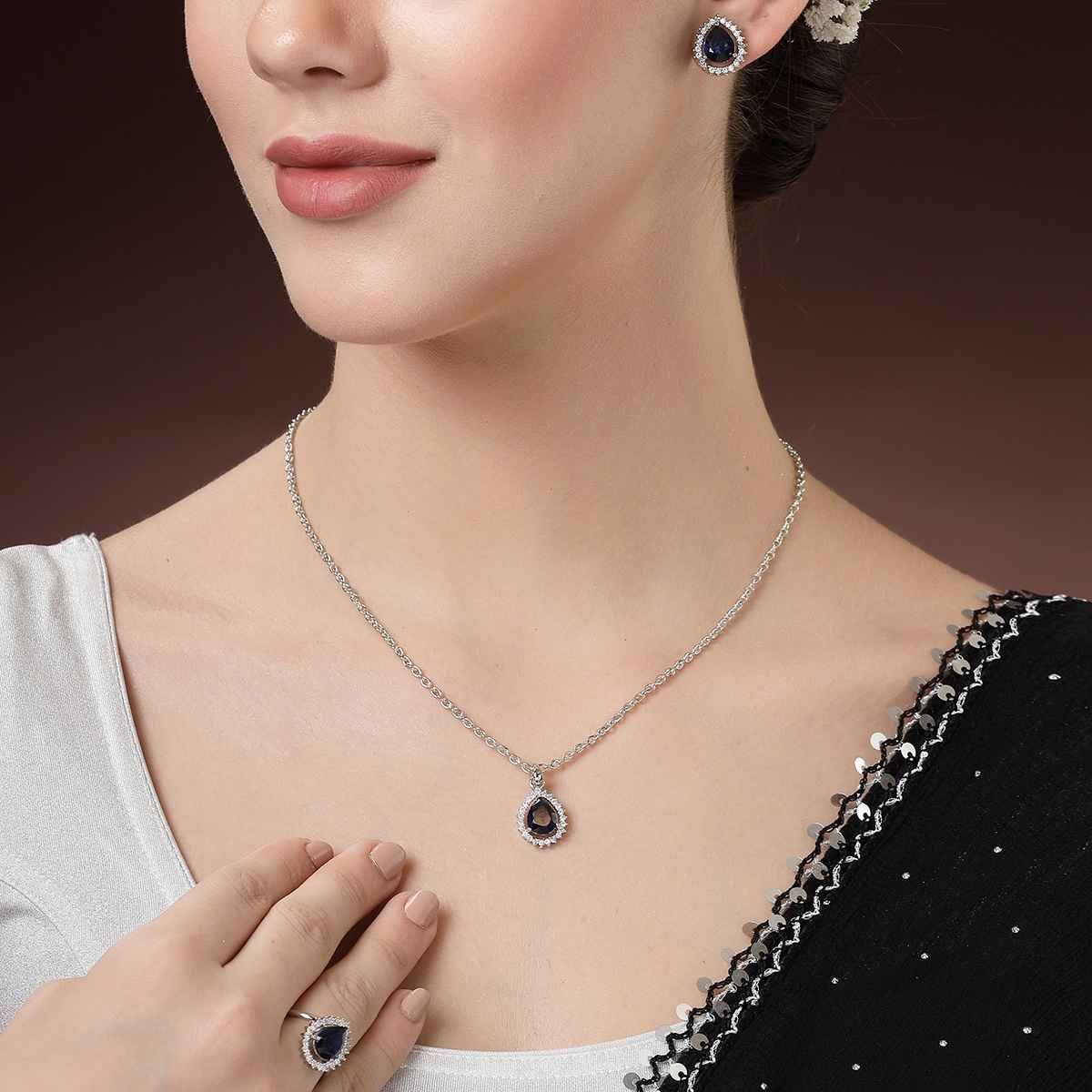 Zeneme Rhodium-Plated Blue American Diamond Necklace and Earrings With Ring For Women & Girls