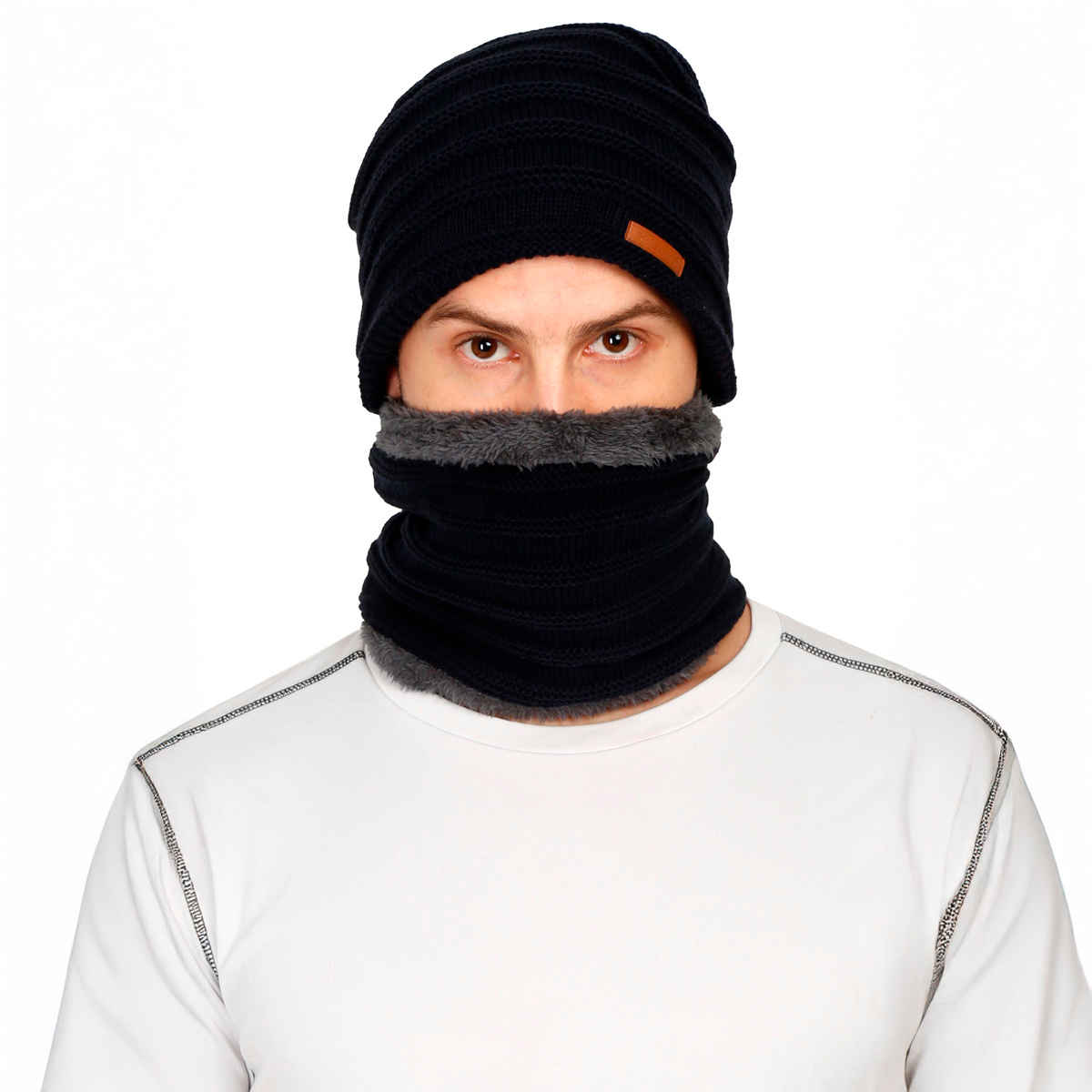 Fabseasons Unisex Solid Acrylic Wool Beanie and Muffler | Blue - Free Size