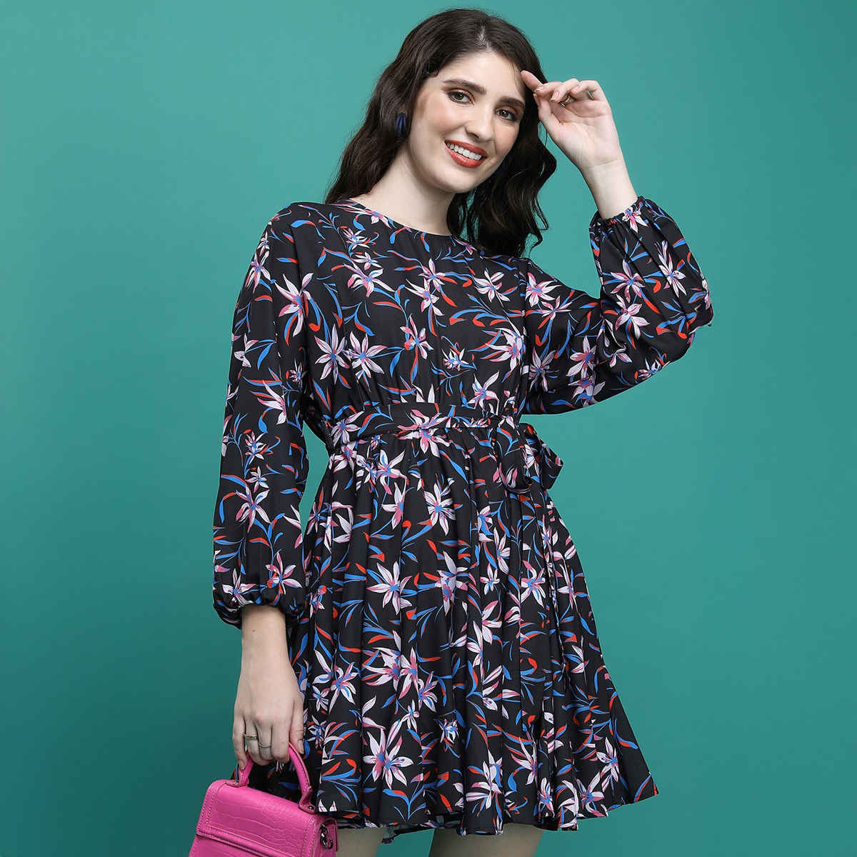 Ketch Women's Floral Printed Cuffed Sleeves Fit & Flare Dress | Multicolor - XL