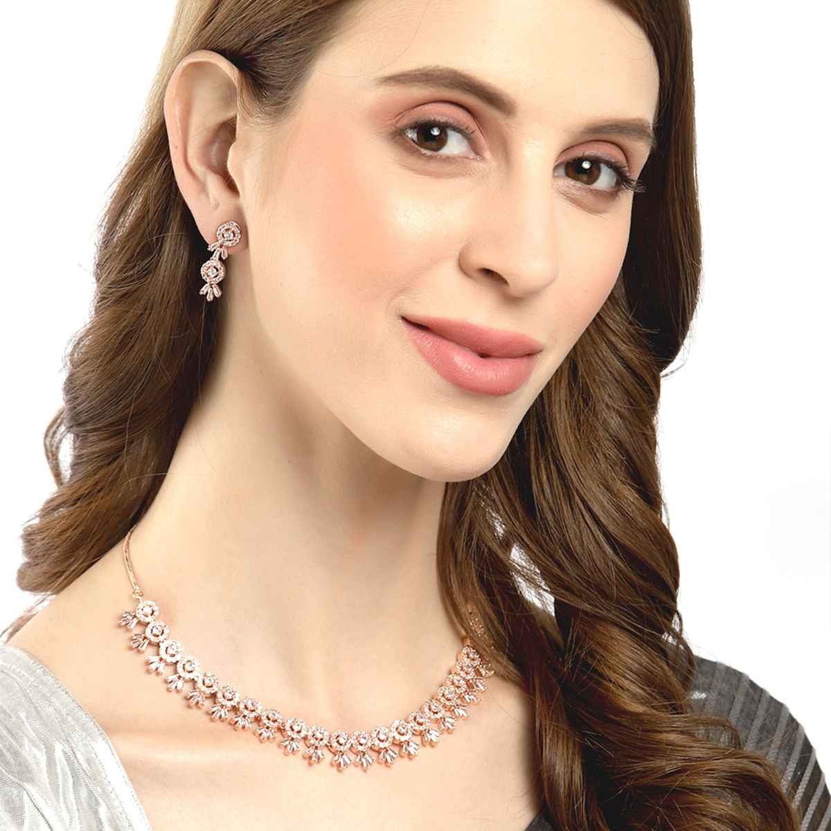 Zeneme American Diamond Studded Necklace With Earring Detailing Jewellery Set For Women & Girls